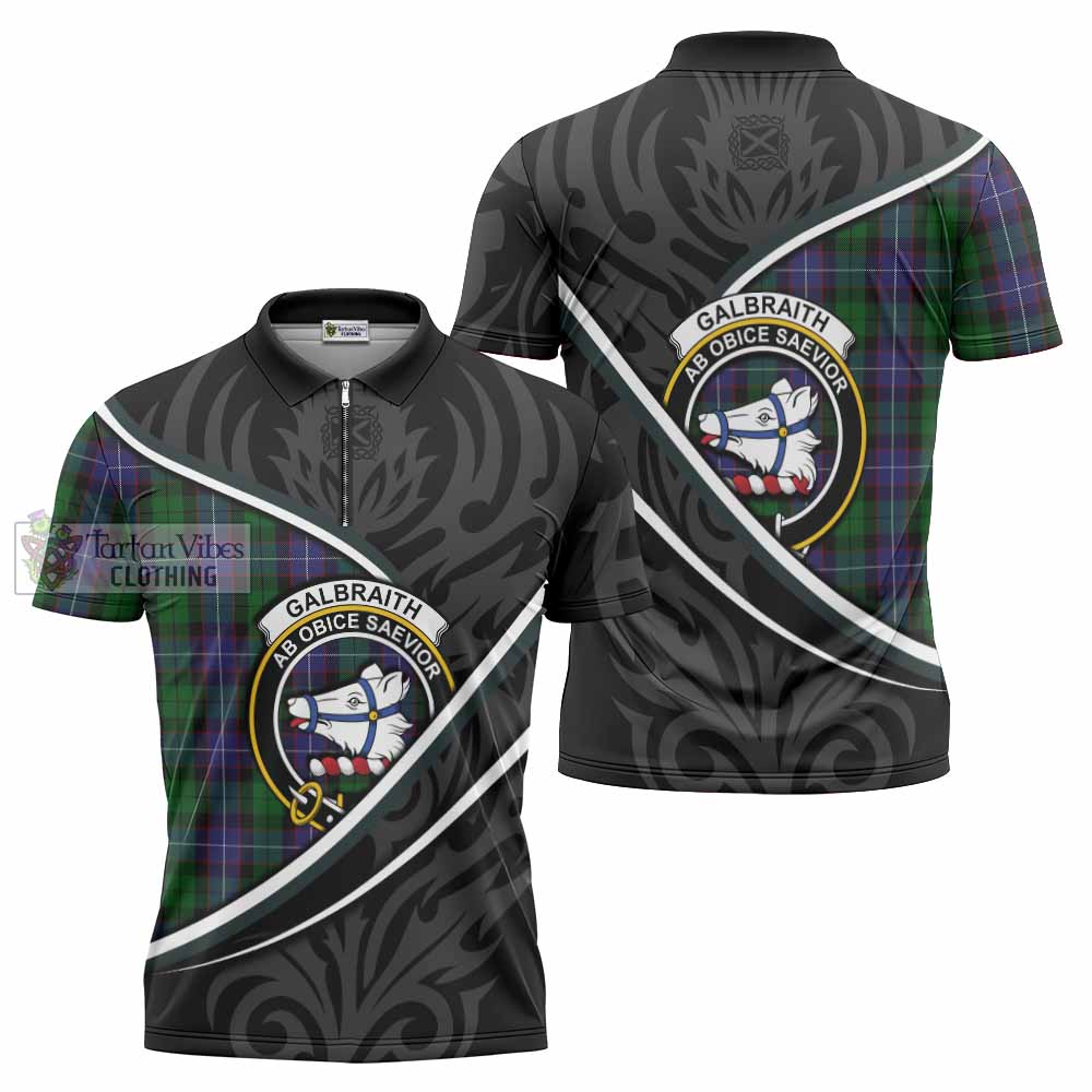 Galbraith Tartan Family Crest Zipper Polo Shirt Celtic Scottish Thistle Floral - Tartan Vibes Clothing