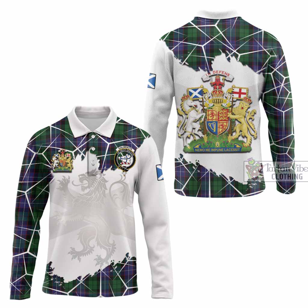 Galbraith Tartan Long Sleeve Polo Shirt with Family Crest and Lion Rampant Grunge Style