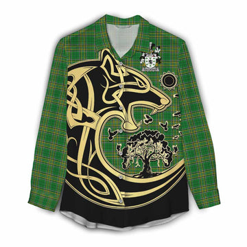 Gallagher Irish Tartan Women's Casual Shirt with Coat of Arms Celtic Wolf Style