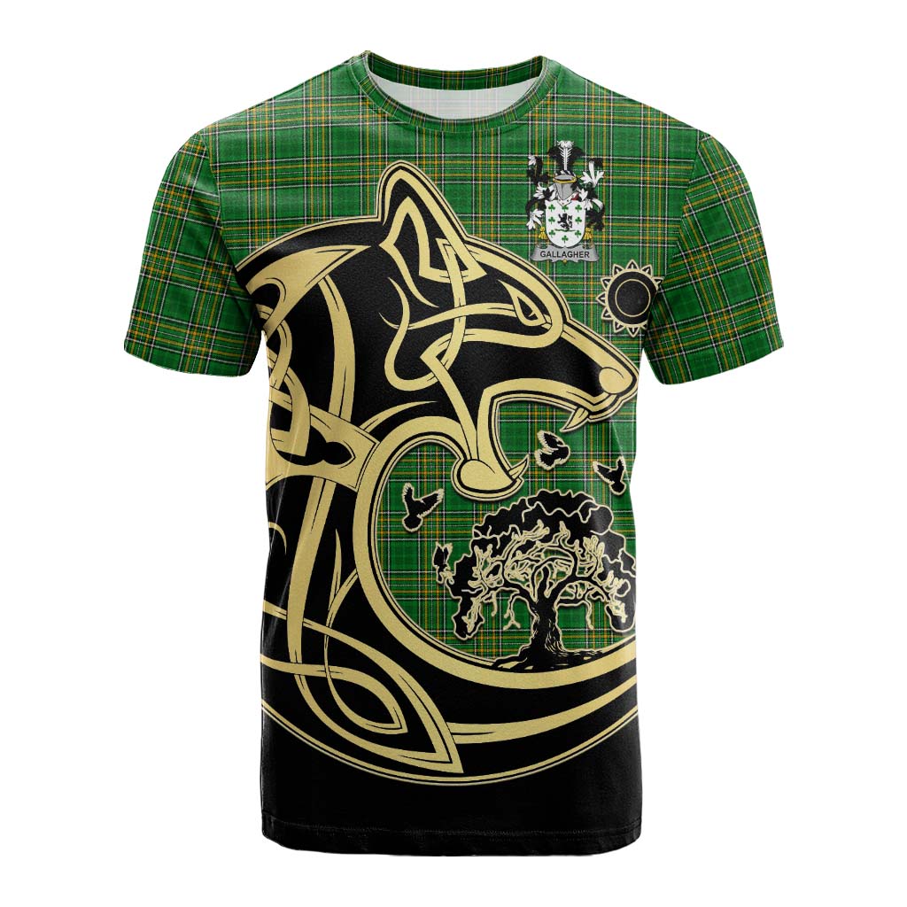 Tartan Vibes Clothing Gallagher Irish Tartan Cotton T-shirt with Coat of Arms Celtic Wolf Style