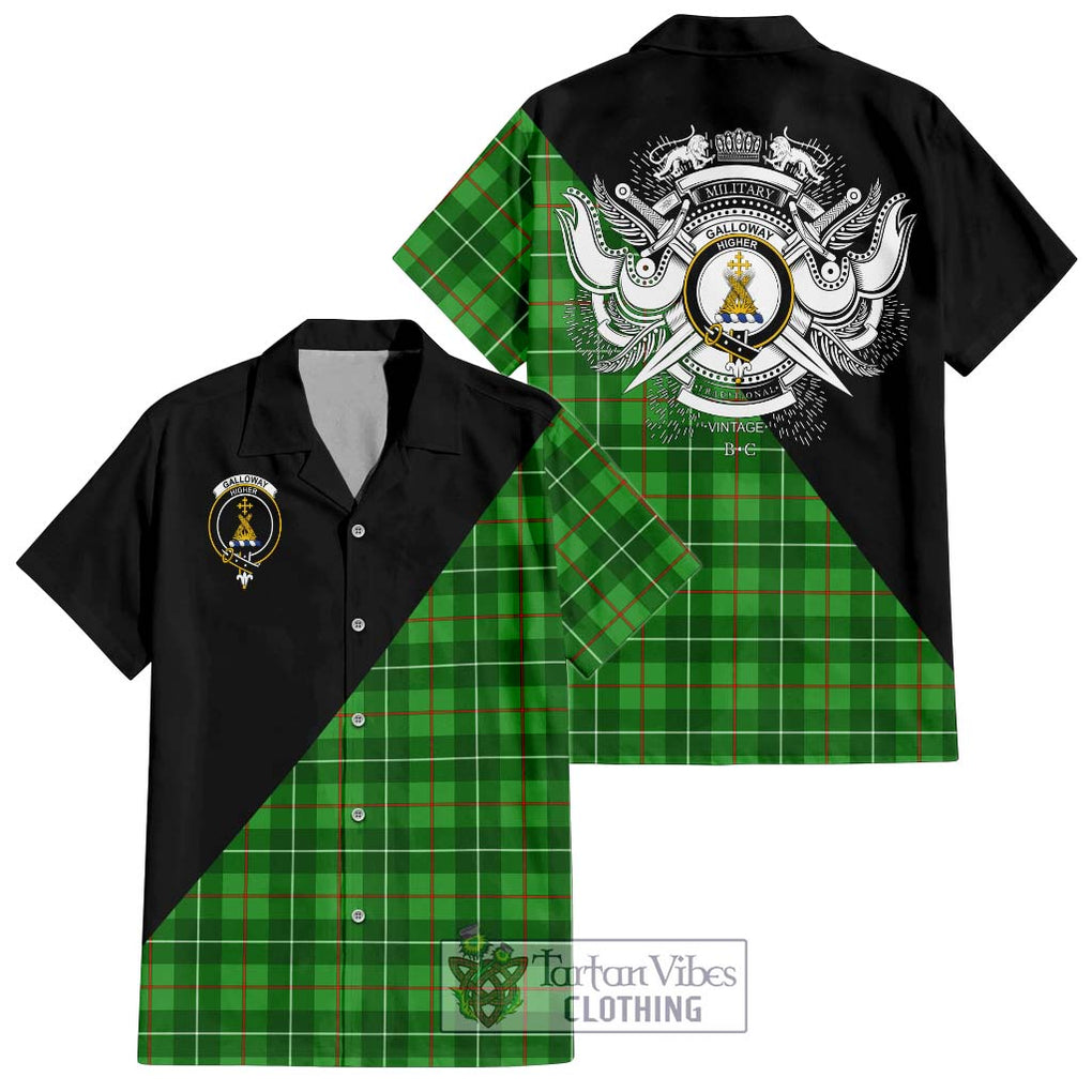 Galloway Tartan Short Sleeve Button Shirt with Family Crest and Military Logo Style Kid - Tartanvibesclothing Shop