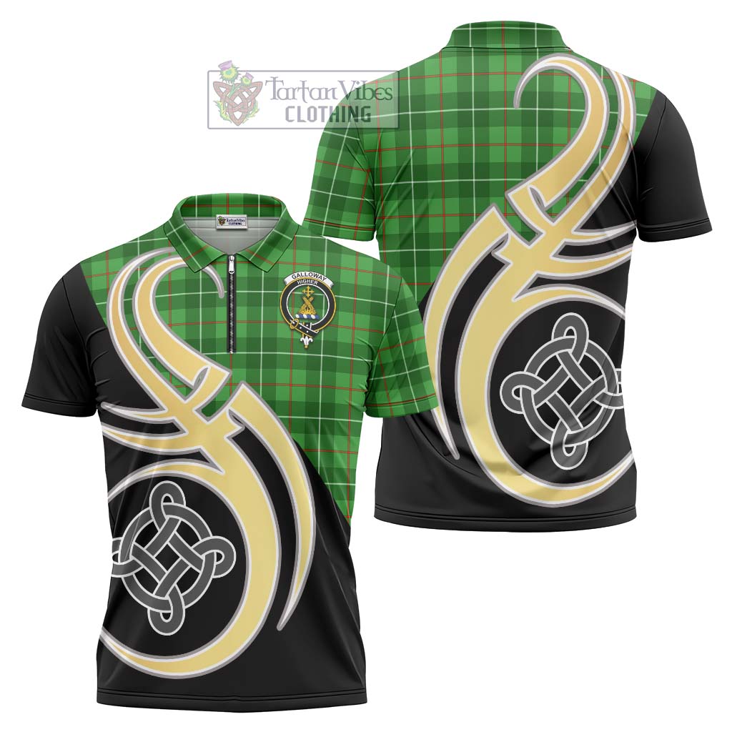 Tartan Vibes Clothing Galloway Tartan Zipper Polo Shirt with Family Crest and Celtic Symbol Style