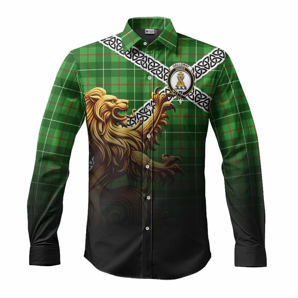 Tartan Vibes Clothing Galloway Crest Tartan Long Sleeve Button Shirt with Golden Lion Emblem Celtic Style