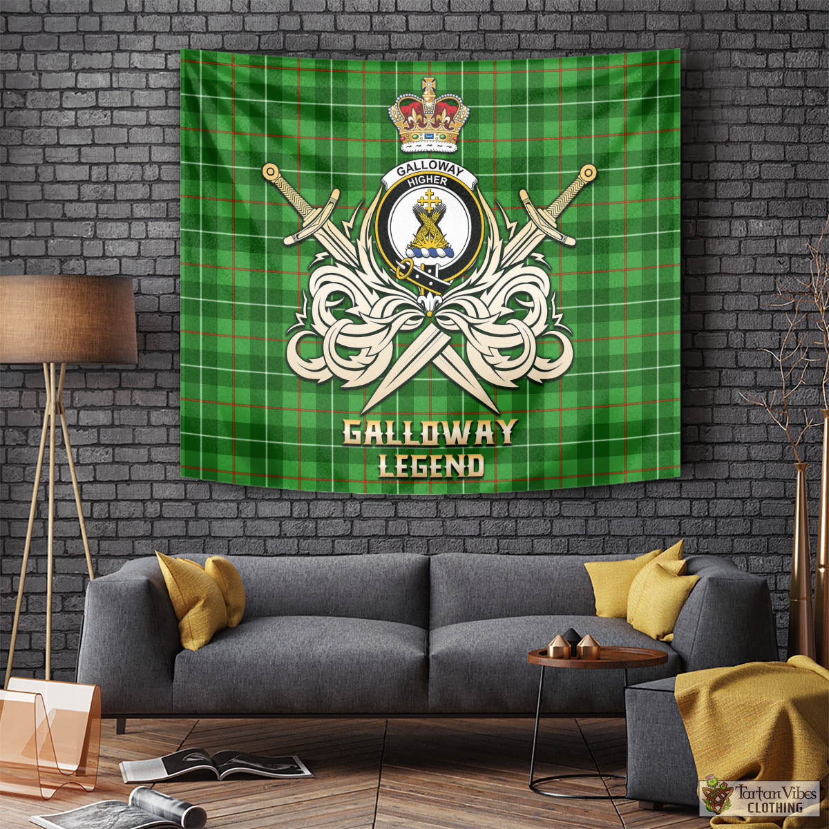 Tartan Vibes Clothing Galloway Tartan Tapestry with Clan Crest and the Golden Sword of Courageous Legacy