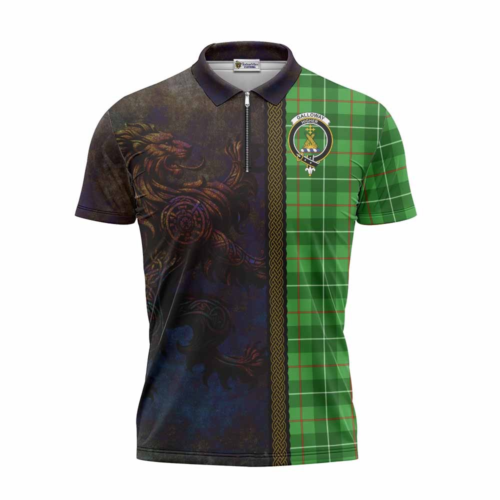 Tartan Vibes Clothing Galloway Tartan Family Crest Zipper Polo Shirt Alba Gu Brath Be Brave Lion Ancient Style