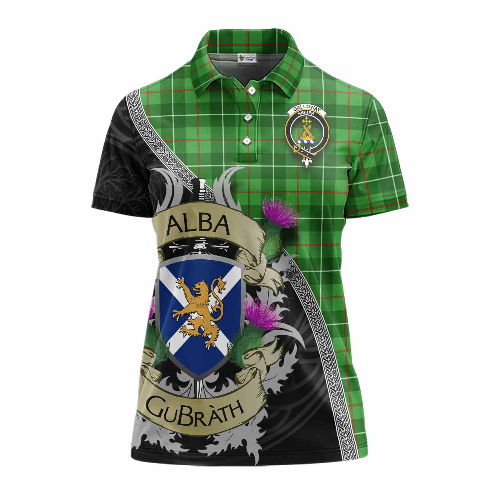 Tartan Vibes Clothing Galloway Tartan Family Crest Women's Polo Shirt Lion Rampant Royal Thistle Shield Celtic Inspired