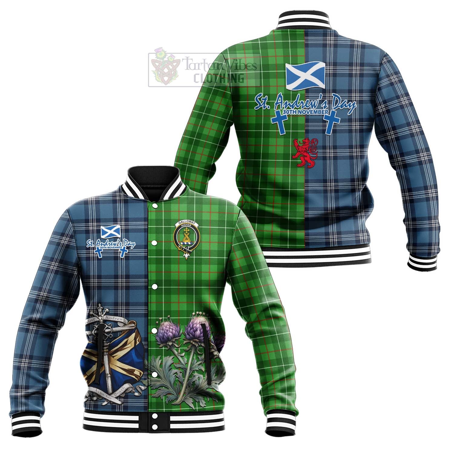 Tartan Vibes Clothing Galloway Tartan Baseball Jacket Happy St. Andrew's Day Half Tartan Style