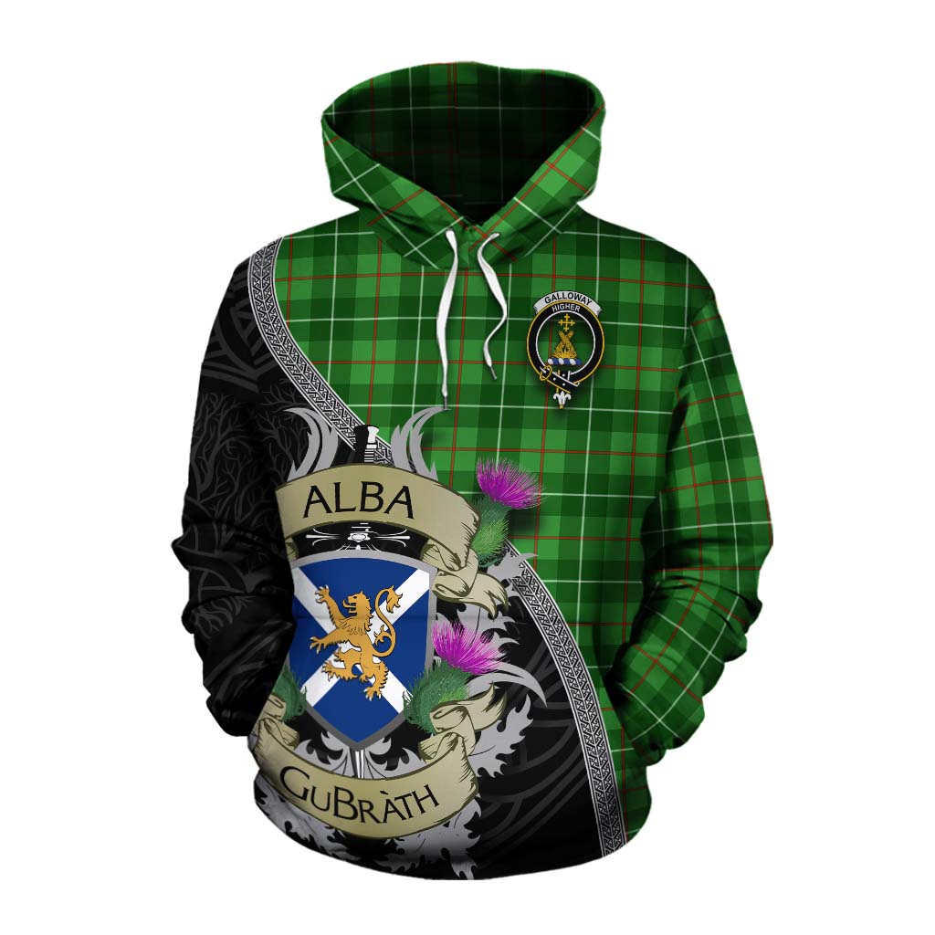 Tartan Vibes Clothing Galloway Tartan Family Crest Cotton Hoodie Lion Rampant Royal Thistle Shield Celtic Inspired