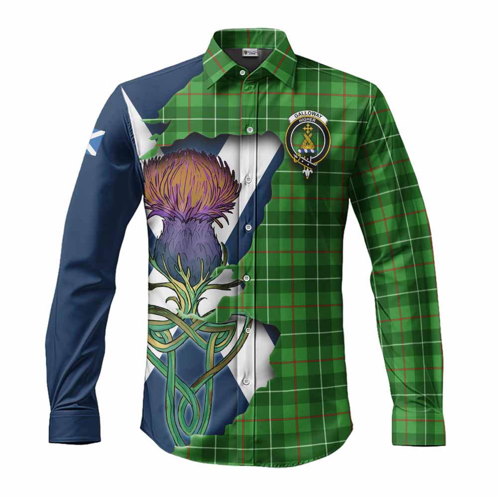 Tartan Vibes Clothing Galloway Tartan Family Crest Long Sleeve Button Shirt Scottish Thistle Celtic Inspired