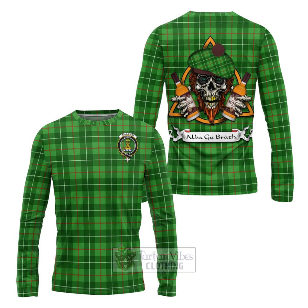 Tartan Vibes Clothing Galloway Tartan Long Sleeve T-Shirt with Family Crest and Bearded Skull Holding Bottles of Whiskey