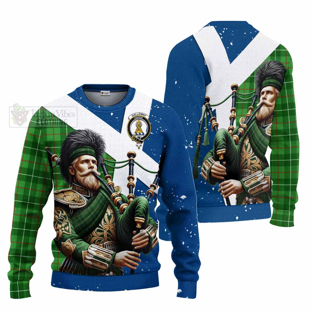 Tartan Vibes Clothing Galloway Tartan Knitted Sweater with Family Crest Scottish Bagpiper Vibes