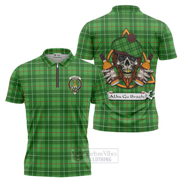 Tartan Vibes Clothing Galloway Tartan Zipper Polo Shirt with Family Crest and Bearded Skull Holding Bottles of Whiskey