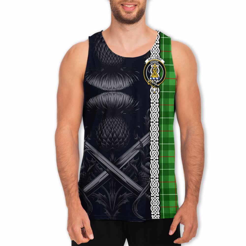 Tartan Vibes Clothing Galloway Tartan Men's Tank Top with Family Crest Cross Sword Thistle Celtic Vibes