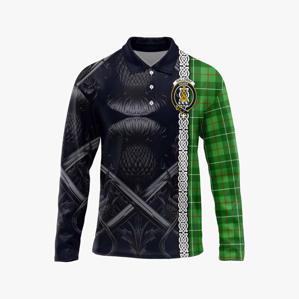 Tartan Vibes Clothing Galloway Tartan Long Sleeve Polo Shirt with Family Crest Cross Sword Thistle Celtic Vibes