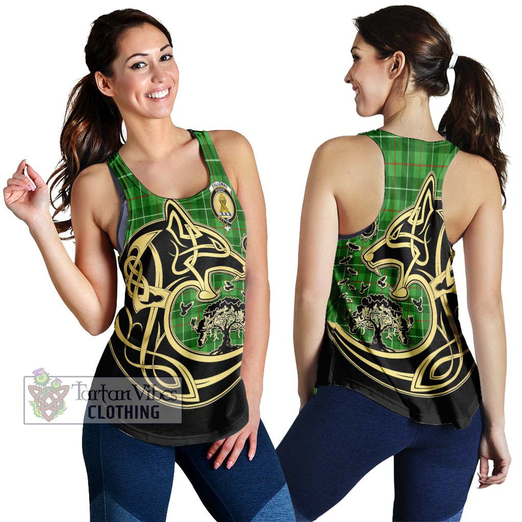Galloway Tartan Women's Racerback Tanks with Family Crest Celtic Wolf Style 4XL - Tartan Vibes Clothing