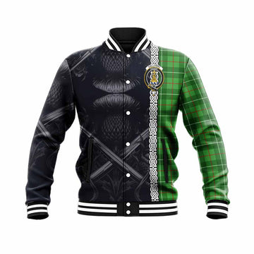Tartan Vibes Clothing Galloway Tartan Baseball Jacket with Family Crest Cross Sword Thistle Celtic Vibes