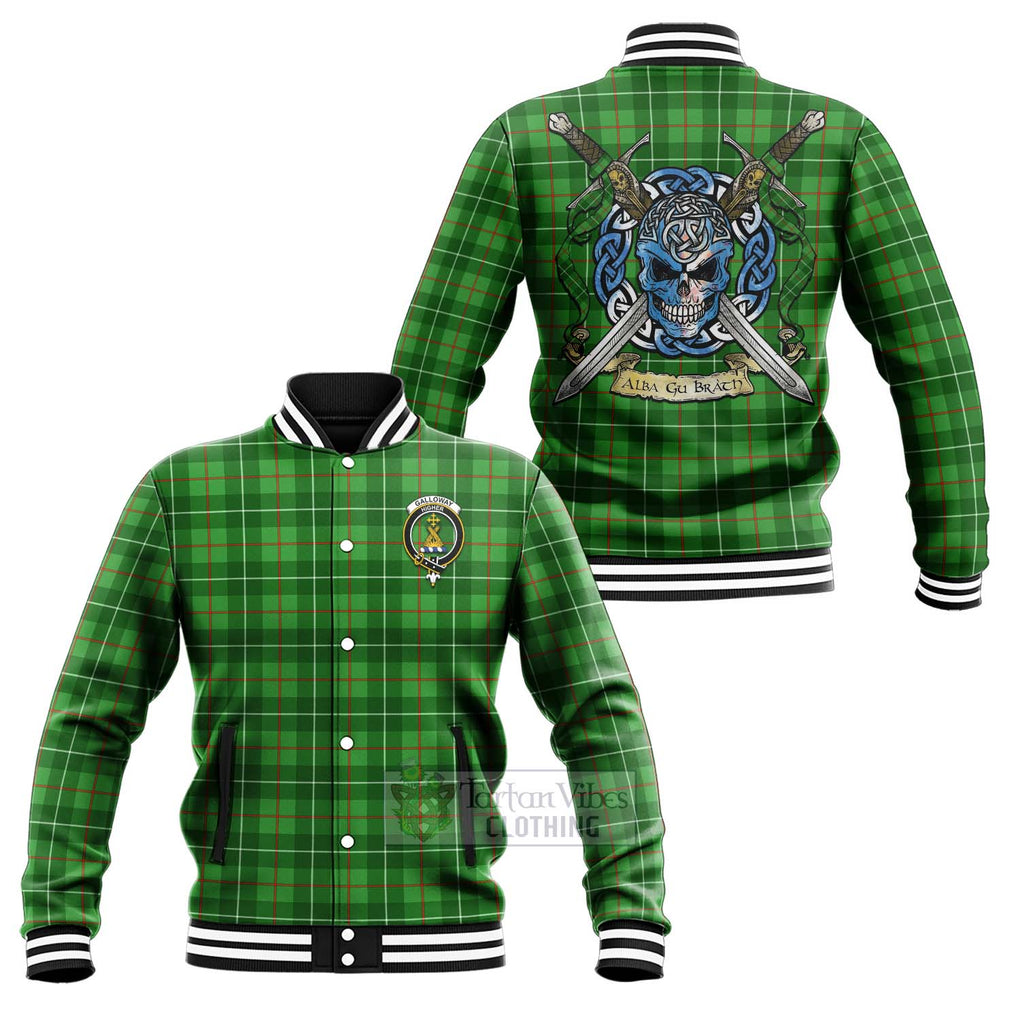 Tartan Vibes Clothing Galloway Tartan Baseball Jacket with Family Crest Celtic Skull Style