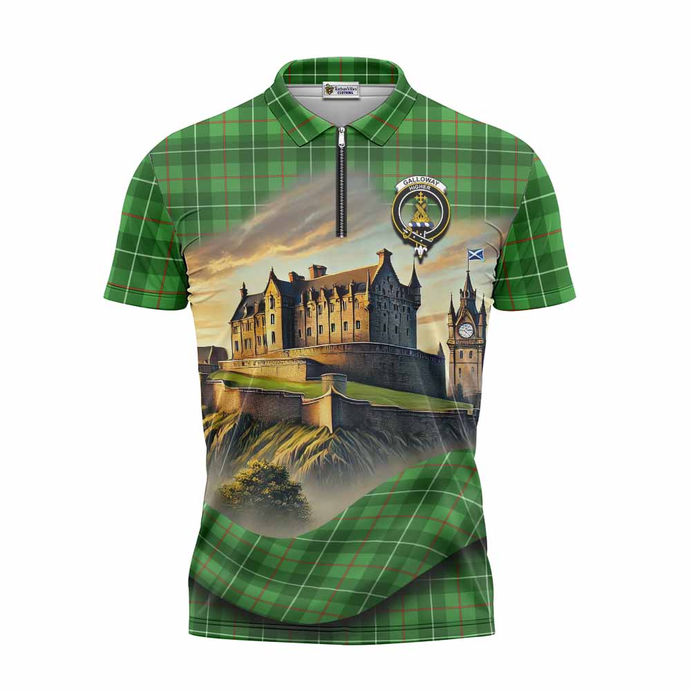 Tartan Vibes Clothing Galloway Tartan Family Crest Zipper Polo Shirt with Scottish Ancient Castle Stype