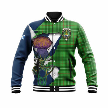 Tartan Vibes Clothing Galloway Tartan Family Crest Baseball Jacket Scottish Thistle Celtic Inspired