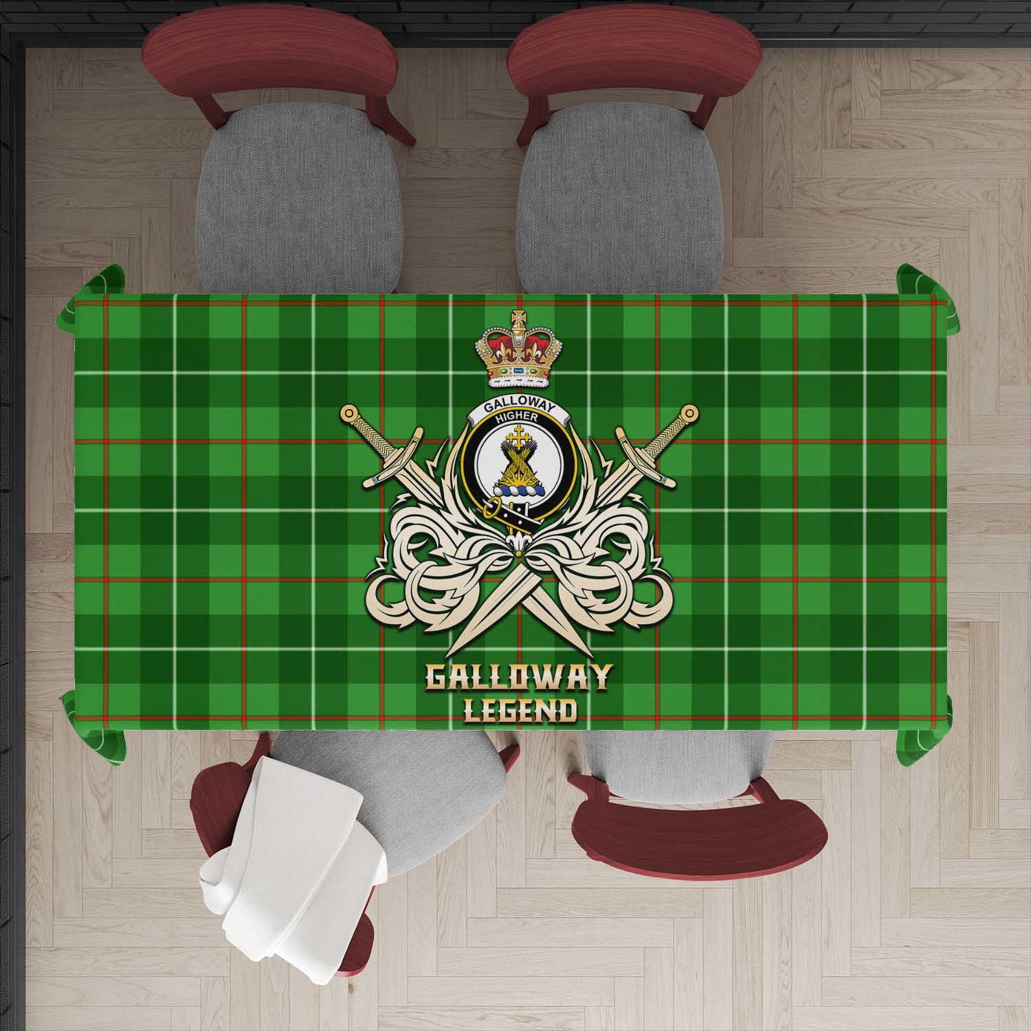 Tartan Vibes Clothing Galloway Tartan Tablecloth with Clan Crest and the Golden Sword of Courageous Legacy