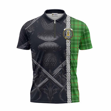 Galloway Tartan Zipper Polo Shirt with Family Crest Cross Sword Thistle Celtic Vibes