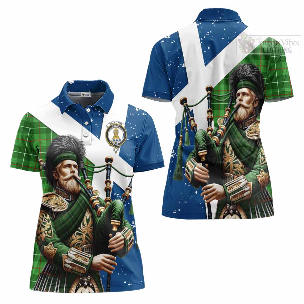Tartan Vibes Clothing Galloway Tartan Women's Polo Shirt with Family Crest Scottish Bagpiper Vibes