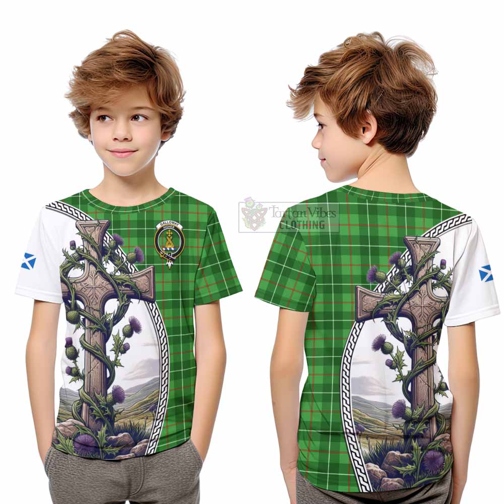 Tartan Vibes Clothing Galloway Tartan Kid T-Shirt with Family Crest and St. Andrew's Cross Accented by Thistle Vines