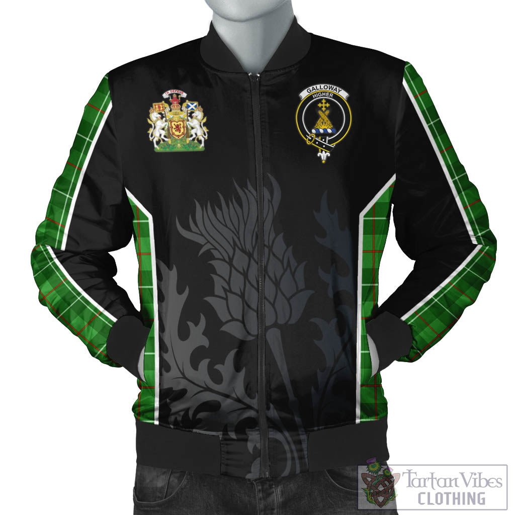 Galloway Tartan Bomber Jacket with Family Crest and Scottish Thistle Vibes Sport Style Unisex Black - Tartan Vibes Clothing