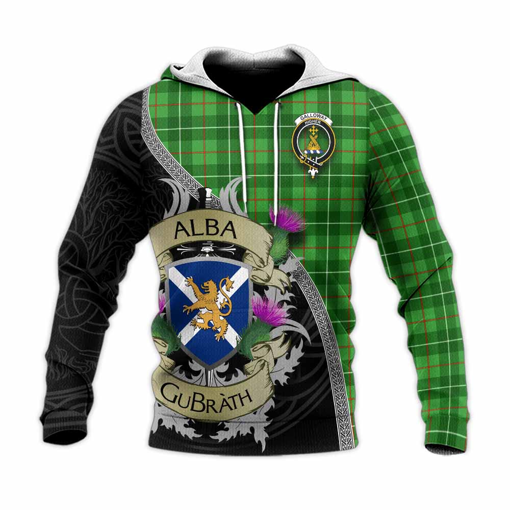 Tartan Vibes Clothing Galloway Tartan Family Crest Knitted Hoodie Lion Rampant Royal Thistle Shield Celtic Inspired