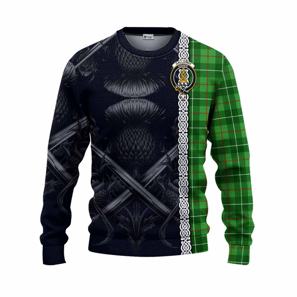 Tartan Vibes Clothing Galloway Tartan Knitted Sweater with Family Crest Cross Sword Thistle Celtic Vibes