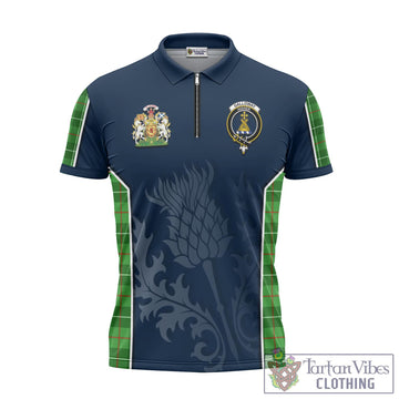 Galloway Tartan Zipper Polo Shirt with Family Crest and Scottish Thistle Vibes Sport Style