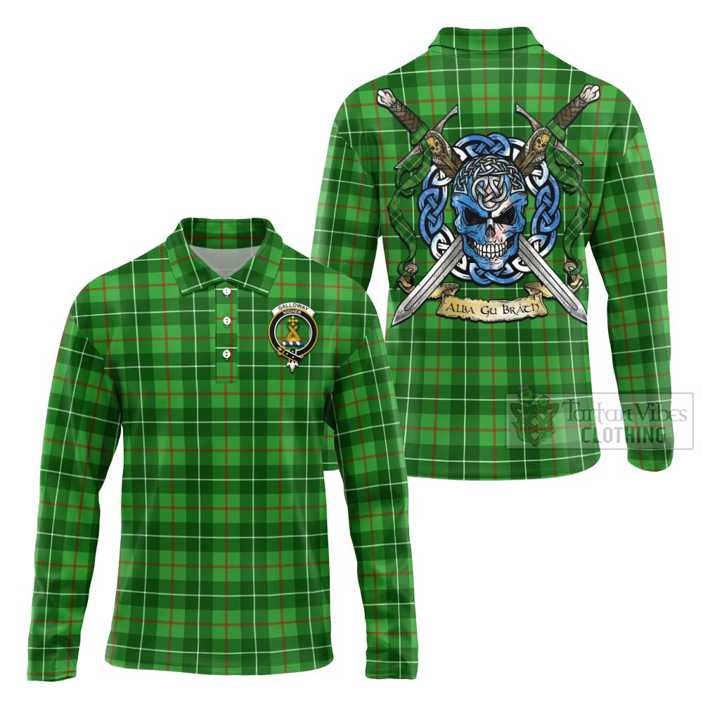 Tartan Vibes Clothing Galloway Tartan Long Sleeve Polo Shirt with Family Crest Celtic Skull Style