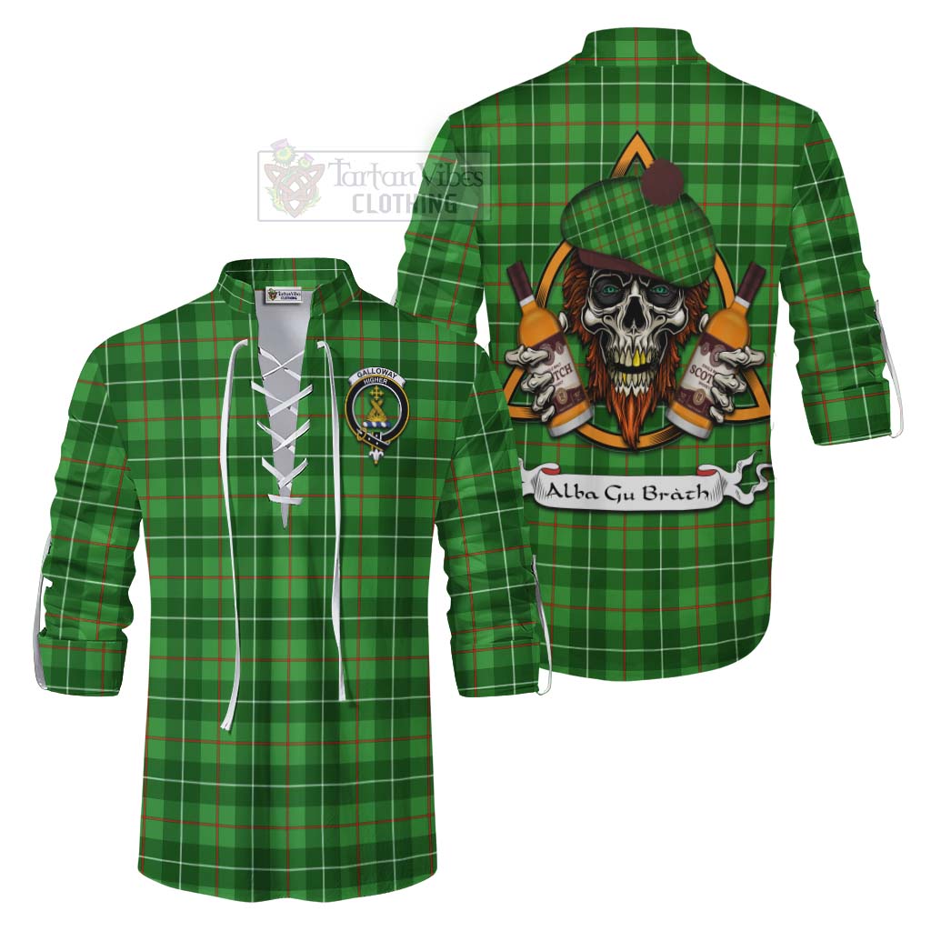 Tartan Vibes Clothing Galloway Tartan Ghillie Kilt Shirt with Family Crest and Bearded Skull Holding Bottles of Whiskey