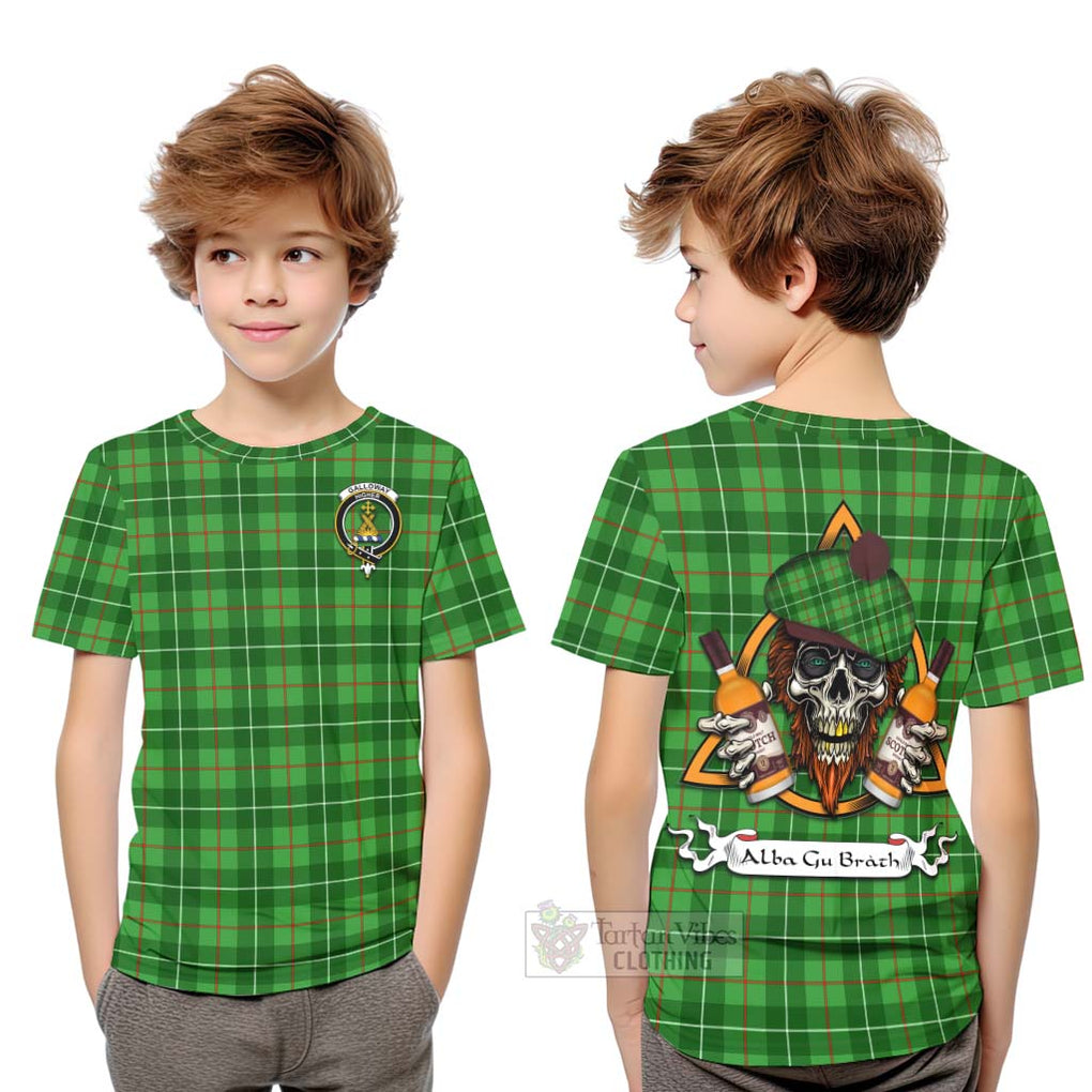 Tartan Vibes Clothing Galloway Tartan Kid T-Shirt with Family Crest and Bearded Skull Holding Bottles of Whiskey