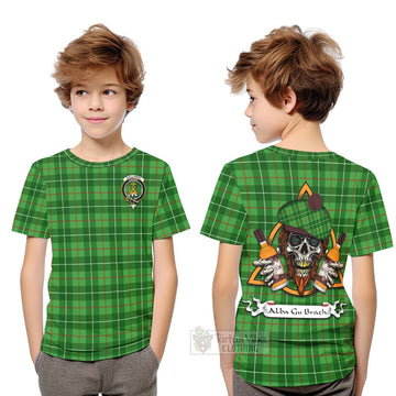 Tartan Vibes Clothing Galloway Tartan Kid T-Shirt with Family Crest and Bearded Skull Holding Bottles of Whiskey