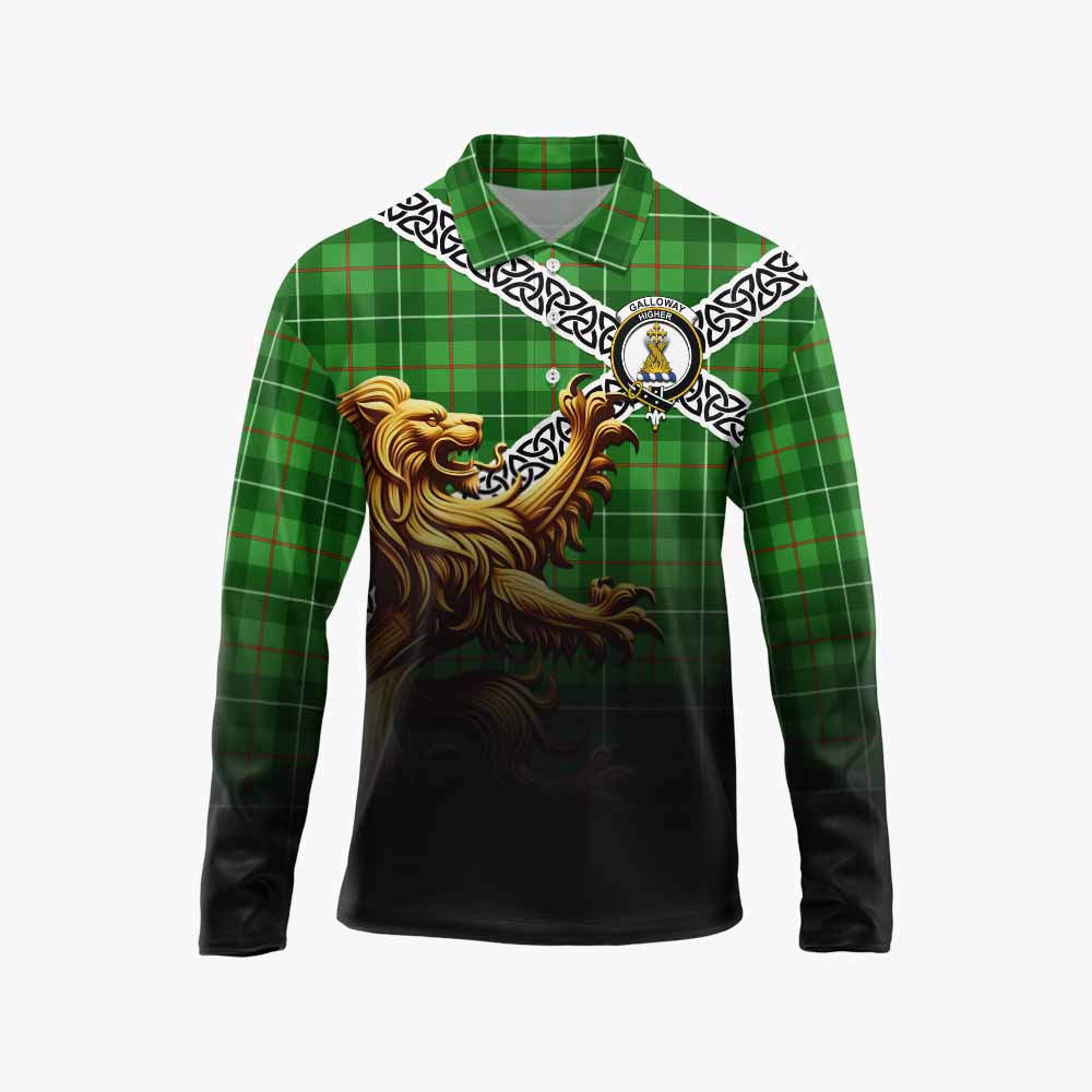 Tartan Vibes Clothing Galloway Crest Tartan Long Sleeve Polo Shirt with Golden Lion Emblem Celtic Style