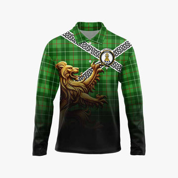 Galloway Crest Tartan Long Sleeve Polo Shirt with Golden Lion Emblem Celtic Style