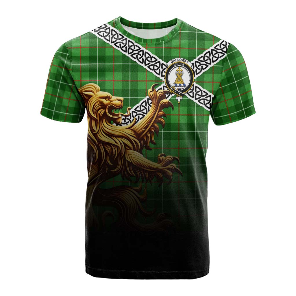 Tartan Vibes Clothing Galloway Crest Tartan Cotton T-shirt with Golden Lion Emblem Celtic Style