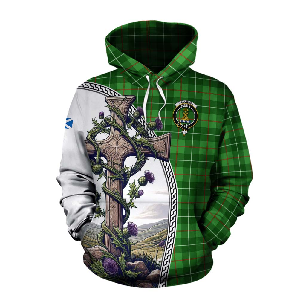 Tartan Vibes Clothing Galloway Tartan Cotton Hoodie with Family Crest and St. Andrew's Cross Accented by Thistle Vines