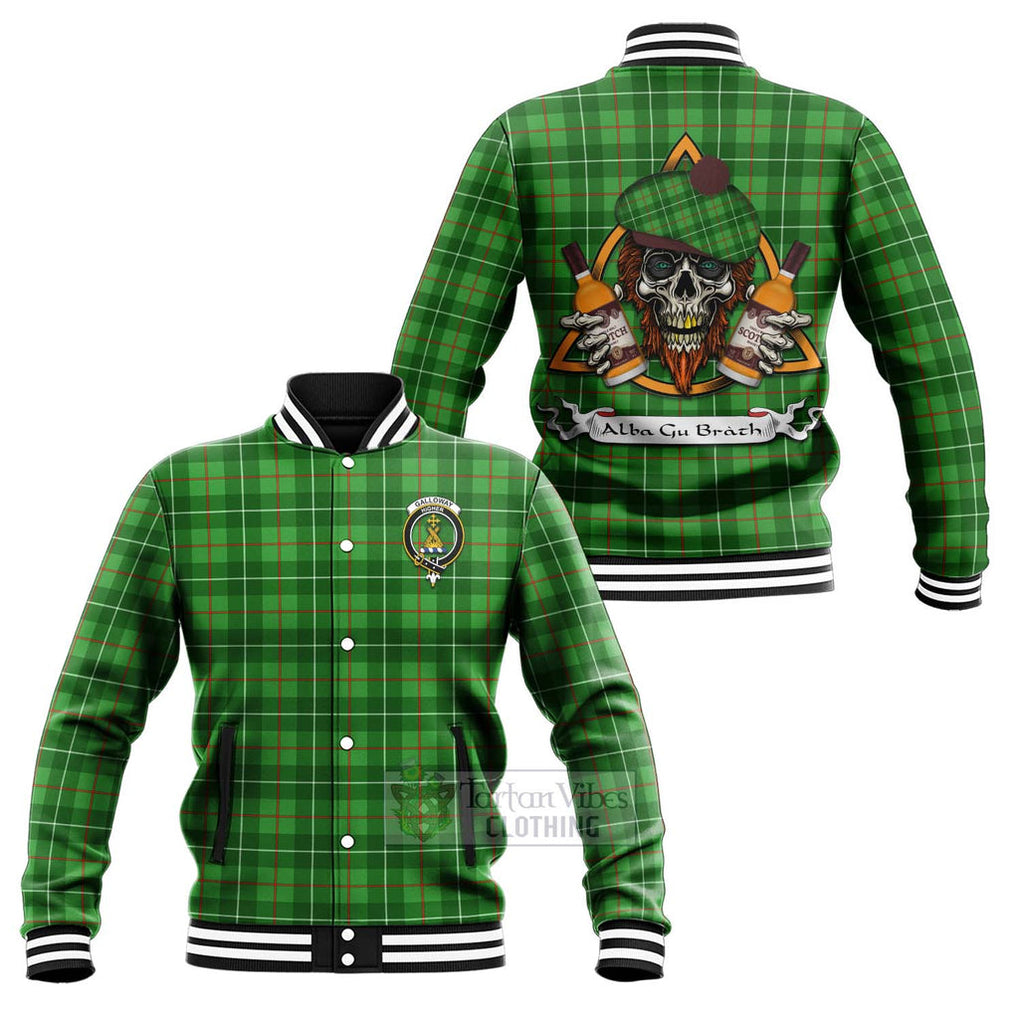 Tartan Vibes Clothing Galloway Tartan Baseball Jacket with Family Crest and Bearded Skull Holding Bottles of Whiskey