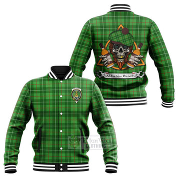 Tartan Vibes Clothing Galloway Tartan Baseball Jacket with Family Crest and Bearded Skull Holding Bottles of Whiskey