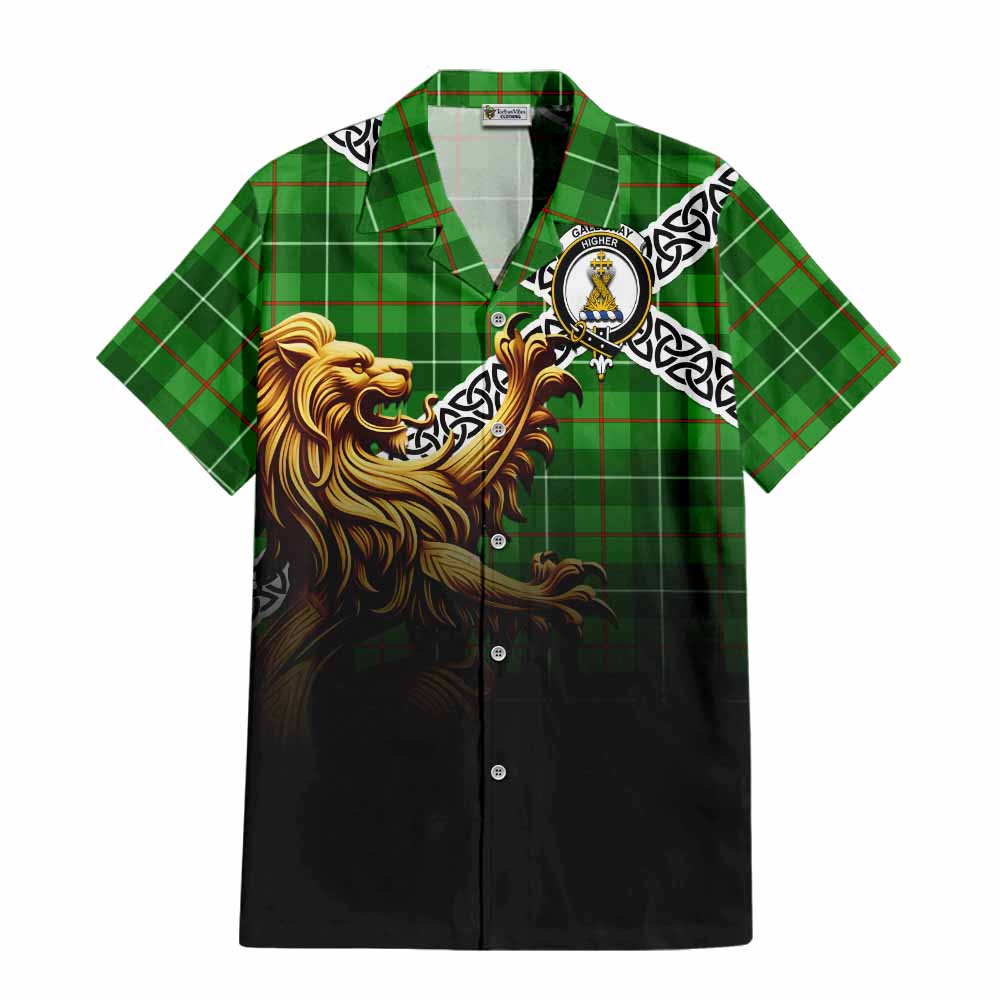 Tartan Vibes Clothing Galloway Crest Tartan Short Sleeve Button Shirt with Golden Lion Emblem Celtic Style