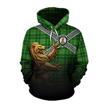 Galloway Crest Tartan Cotton Hoodie with Golden Lion Emblem Celtic Style