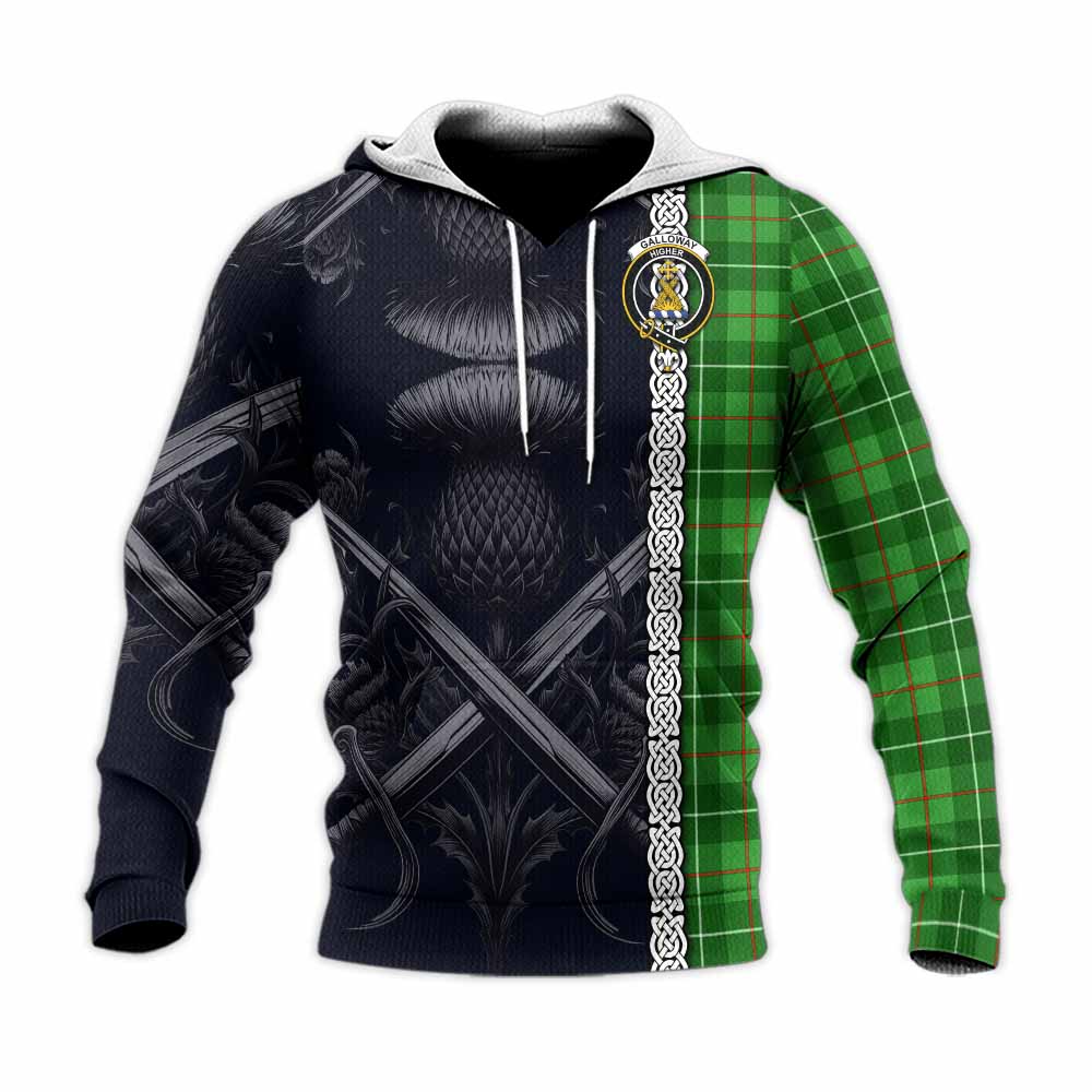 Tartan Vibes Clothing Galloway Tartan Knitted Hoodie with Family Crest Cross Sword Thistle Celtic Vibes