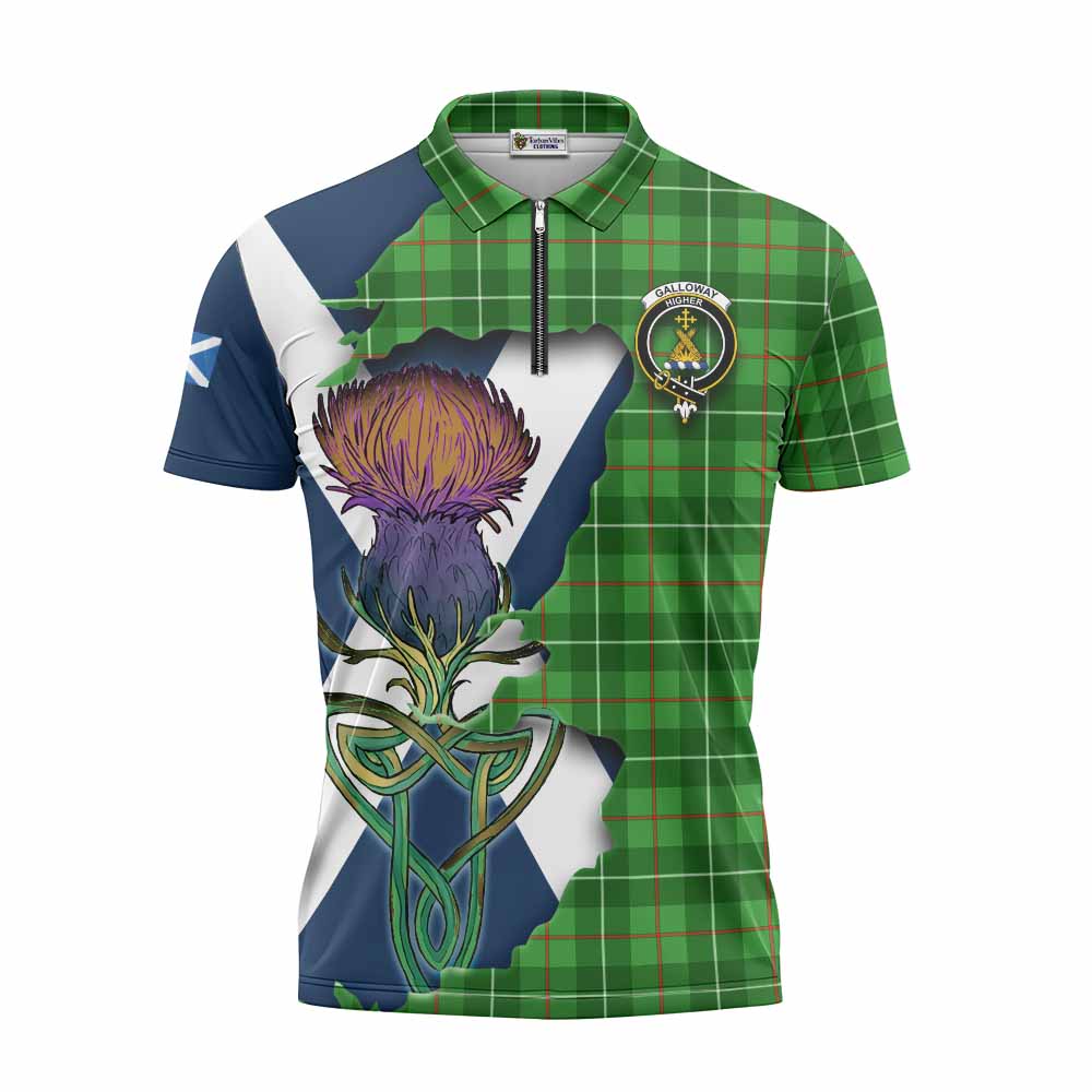 Tartan Vibes Clothing Galloway Tartan Family Crest Zipper Polo Shirt Scottish Thistle Celtic Inspired