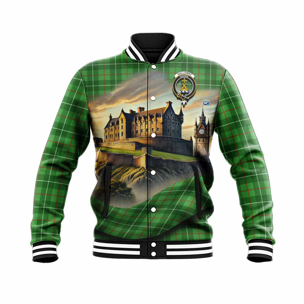 Tartan Vibes Clothing Galloway Tartan Family Crest Baseball Jacket with Scottish Ancient Castle Style