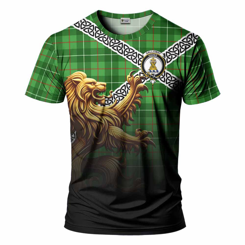 Tartan Vibes Clothing Galloway Crest Tartan T-Shirt with Golden Lion Emblem Celtic Style