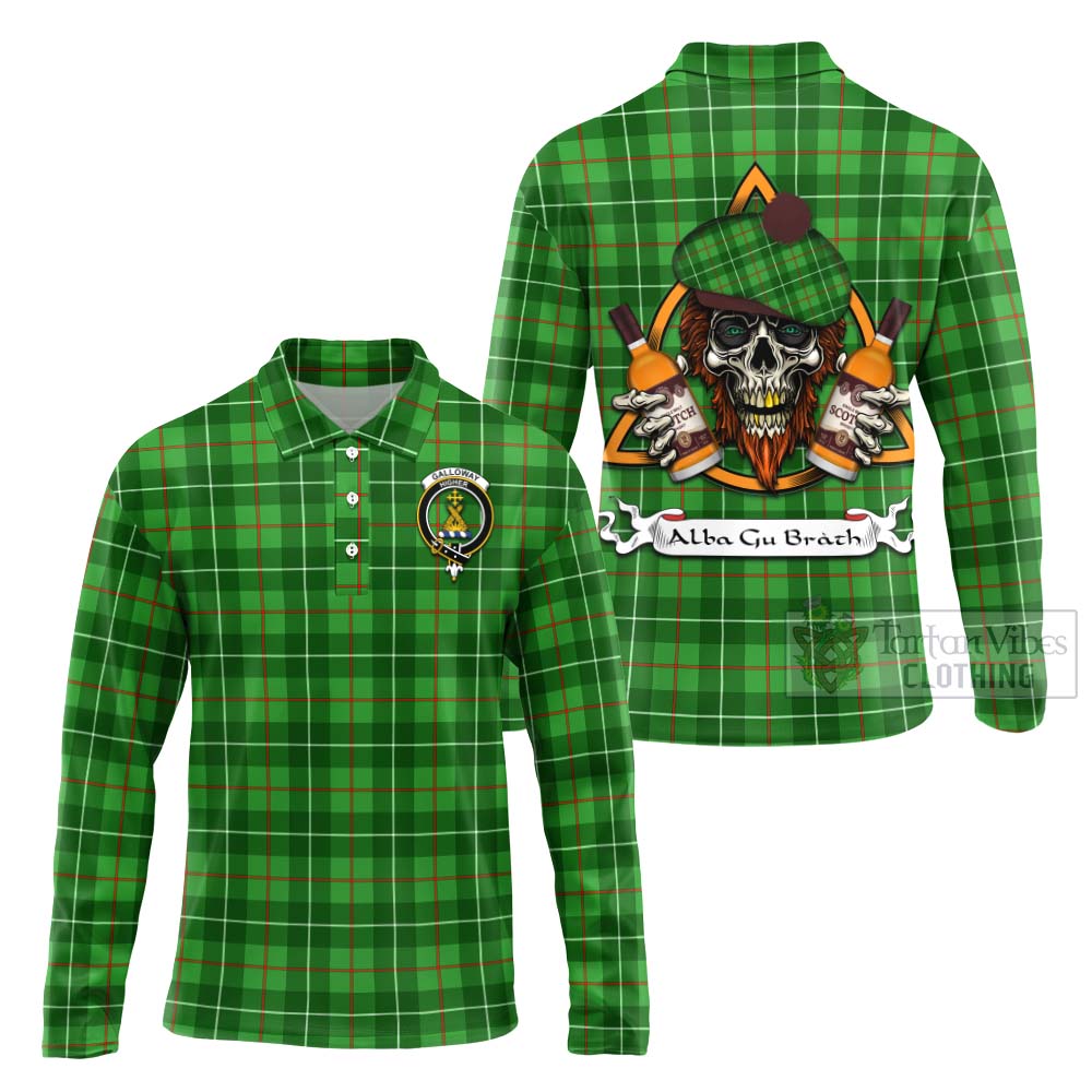 Tartan Vibes Clothing Galloway Tartan Long Sleeve Polo Shirt with Family Crest and Bearded Skull Holding Bottles of Whiskey