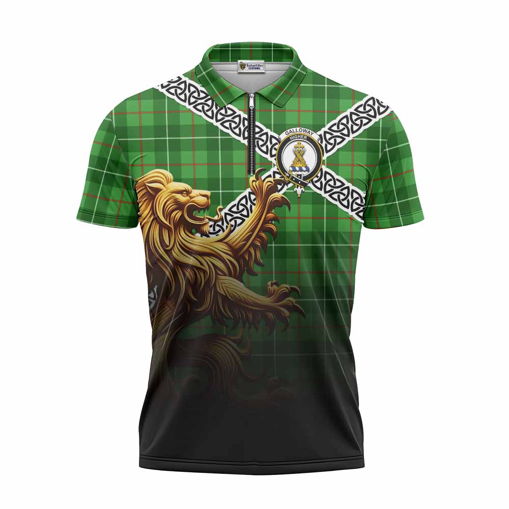 Tartan Vibes Clothing Galloway Crest Tartan Zipper Polo Shirt with Golden Lion Emblem Celtic Style