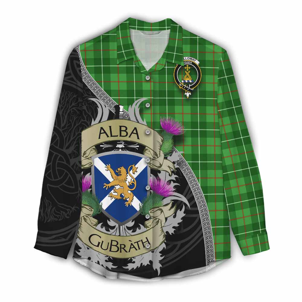 Tartan Vibes Clothing Galloway Tartan Family Crest Women's Casual Shirt Lion Rampant Royal Thistle Shield Celtic Inspired